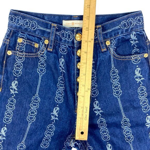 Tory Burch Jeans Womens 24 Blue Gemini Link Bloom Jacquard Rockabilly Denim Pant - Picture 11 of 16